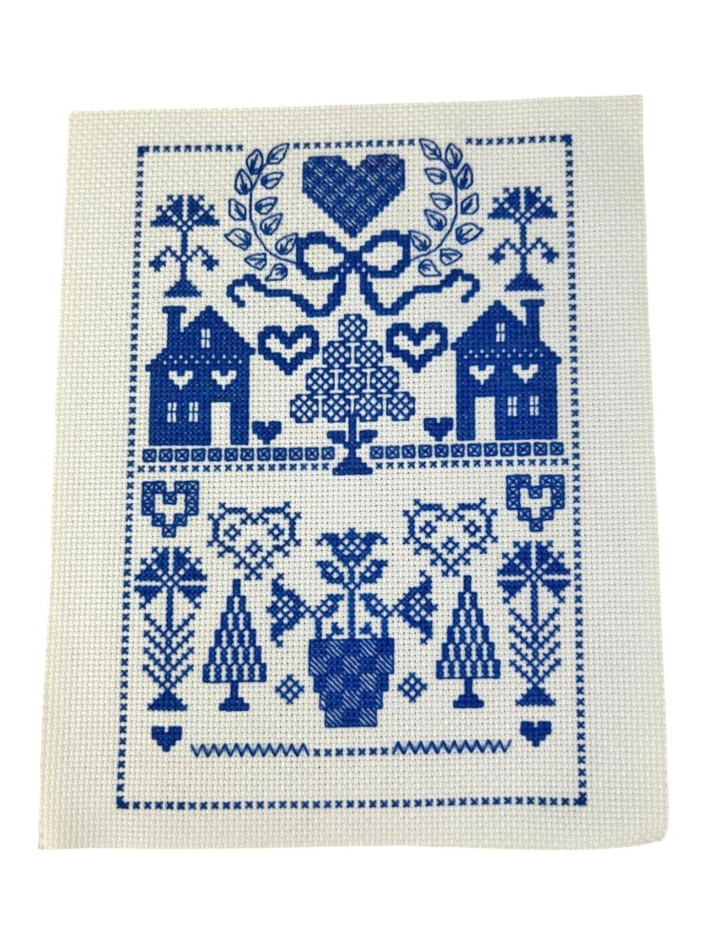Finished Complete Cross Stitch Sampler Blue Floral Hearts Home Unframed Bow VTG